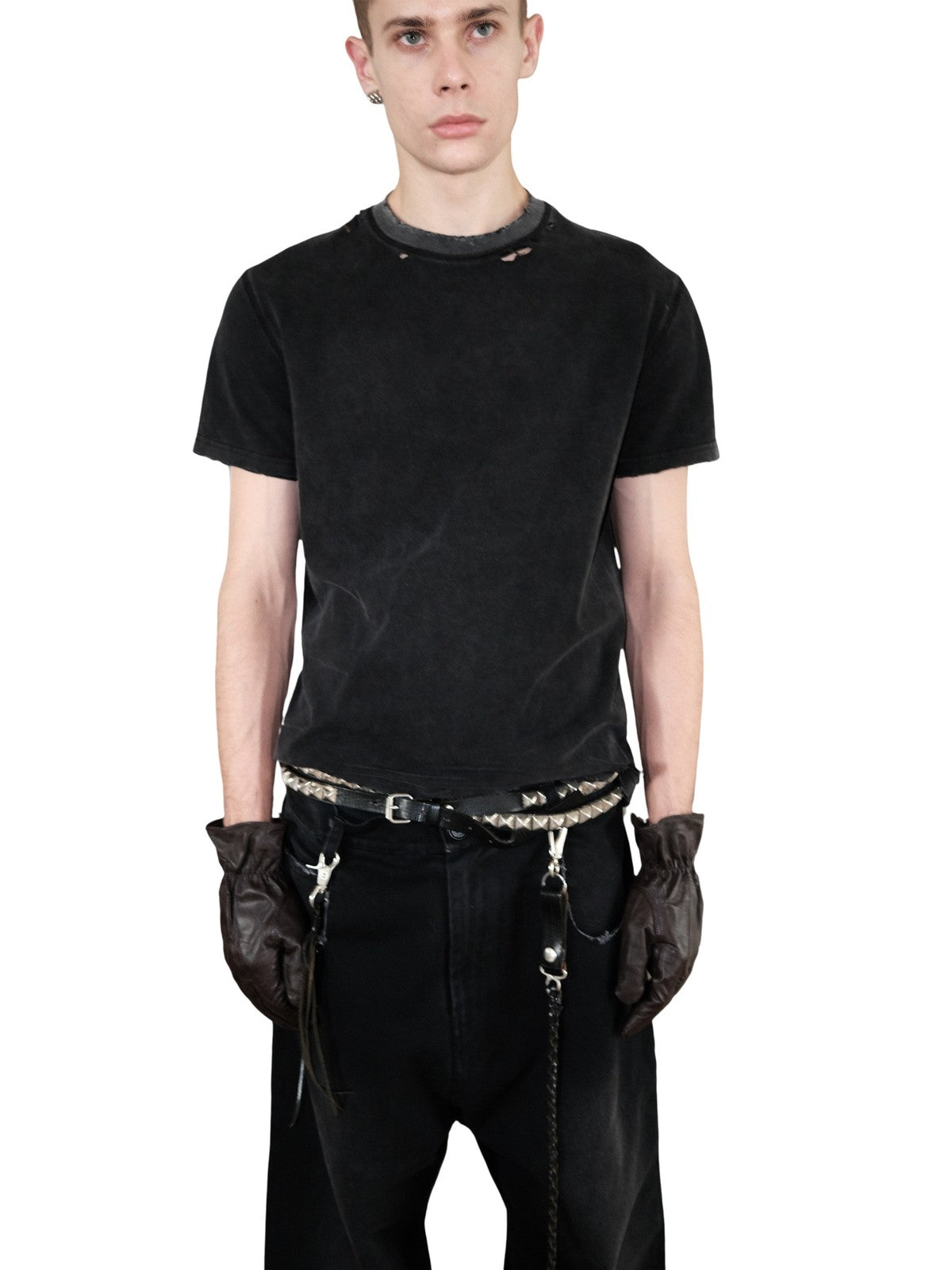 UNKNOWNWORLD Washed Distressed Slim Fit T Shirt in Black - On Male Model