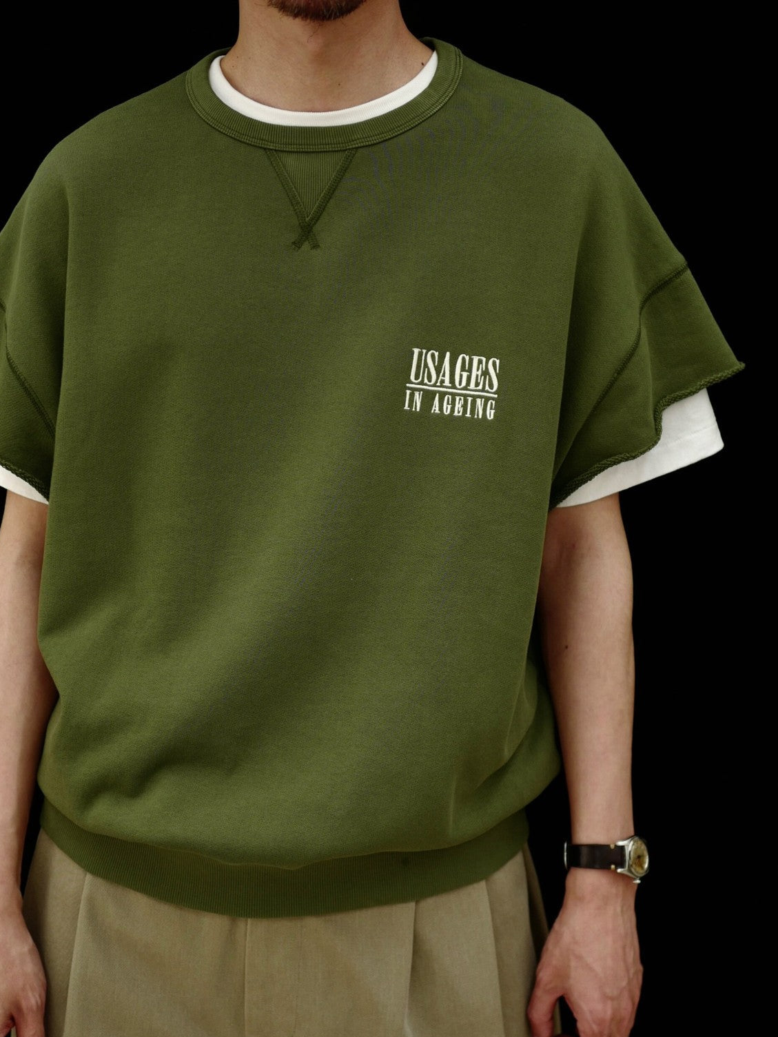 USAGE Raw Edge Cotton Short Sleeve Sweatshirt in Olive - On Male Model