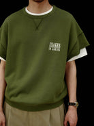 USAGE Raw Edge Cotton Short Sleeve Sweatshirt in Olive - On Male Model