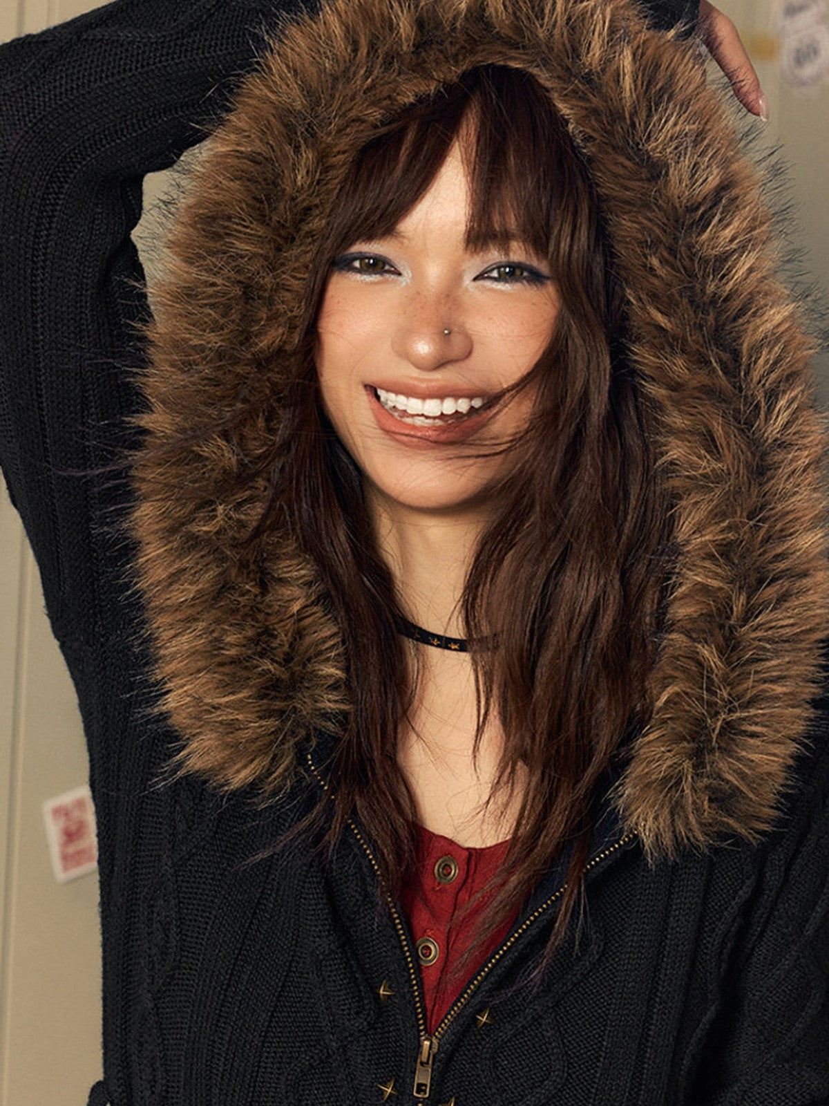BEERBRO Faux Fur Trim Wool Cardigan in Black - On Female Model
