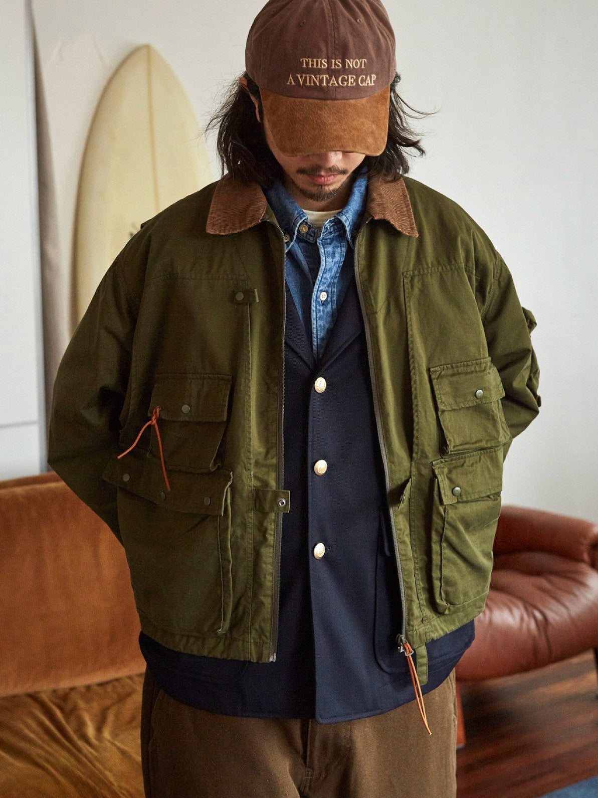 USAGE Corduroy Collar Cotton Fishing Jacket in Olive - On Male Model