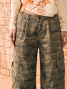 BEERBRO Camo Wide Leg Cargo Pants in Olive - On Female Model