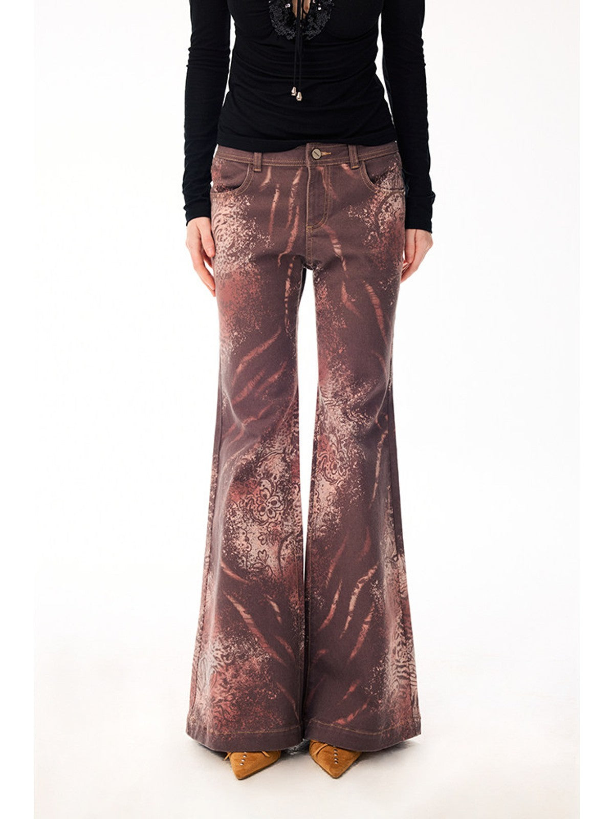 BEERBRO Lyocell Paisley Micro Flare Pants in Brown - On Female Model