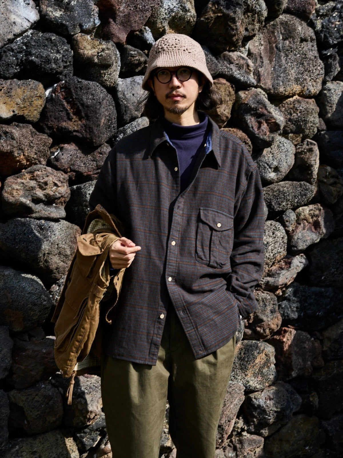 USAGE Detachable Hood Cotton Plaid Shirt in Brown - On Male Model