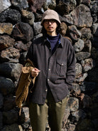 USAGE Detachable Hood Cotton Plaid Shirt in Brown - On Male Model