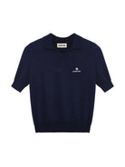 SHUSHUTONG Mulberry Silk Knit Polo Top in Navy Blue