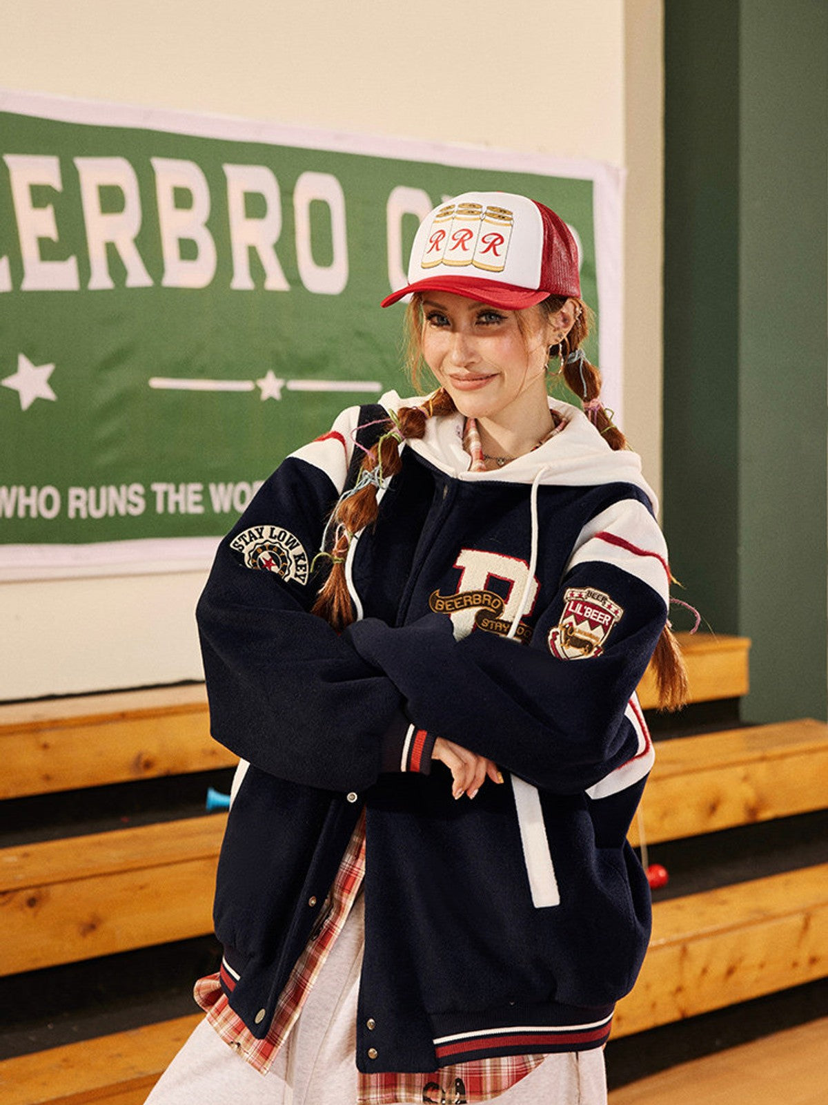 BEERBRO Detachable Hood Varsity Jacket in Navy Blue - On Female Model