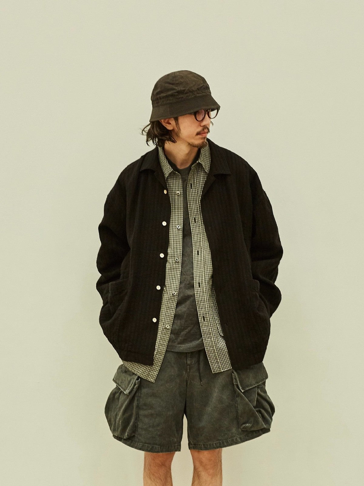 USAGE Textured Cotton Ramie Work Shirt in Black - On Male Model