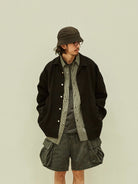 USAGE Textured Cotton Ramie Work Shirt in Black - On Male Model
