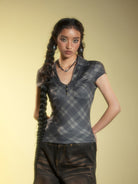 BEERBRO Plaid V Neck Collared Top in Gray - On Female Model