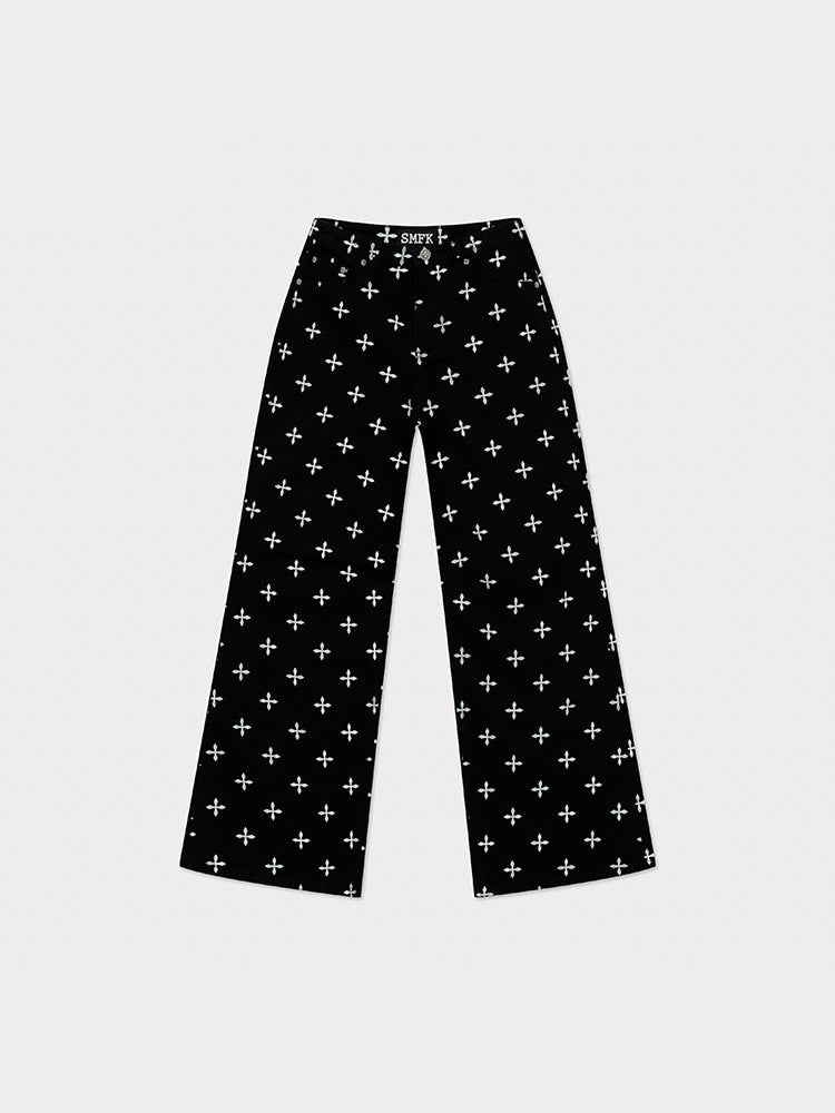 SMFK All Over Print Wide Leg Jeans in Black