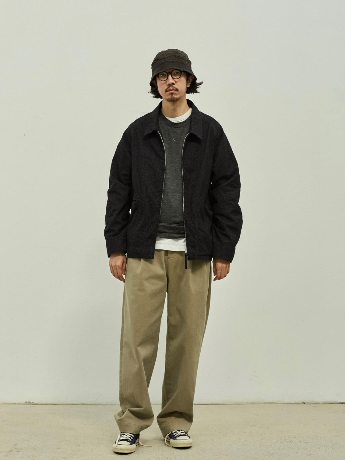 USAGE Textured Nep Blouson Jacket in Black - On Male Model