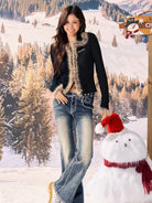BEERBRO Faux Fur Trim Ribbed Cardigan in Black - On Female Model