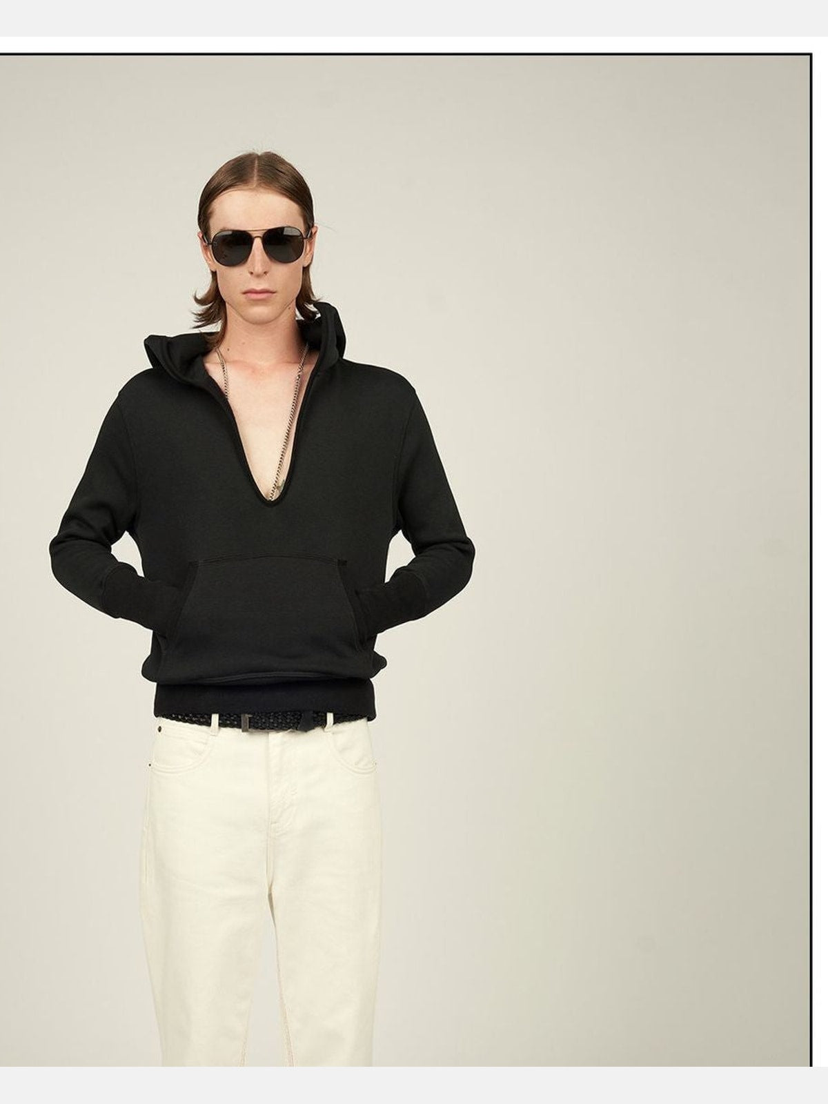 FaxCopyExpress Fleece Lined Deep V Neck Hoodie in Black - On Male Model