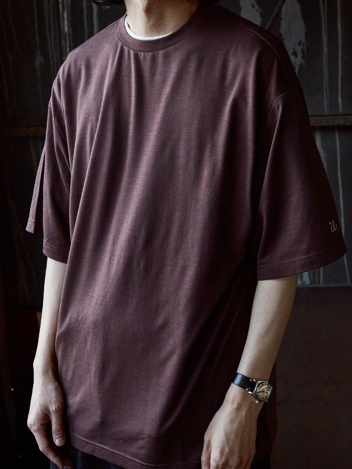 USAGE Merino Wool Blend T Shirt Set in Brown - On Male Model