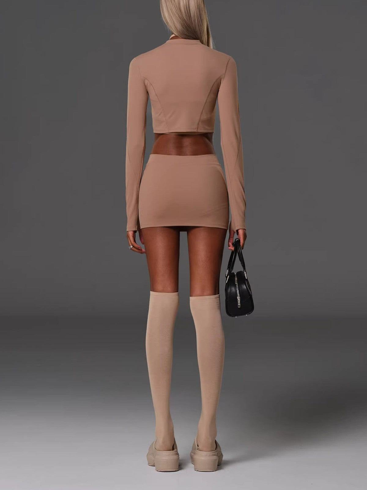 SMFK Cropped Nylon Blend Zip Up Jacket in Brown - On Female Model