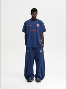 MASONPRINCE Reconstructed Applique T Shirt in Navy Blue - On Male Model