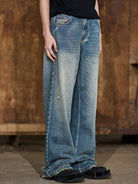 BLINDNOPLAN Distressed Washed Straight Jeans in Blue - On Model