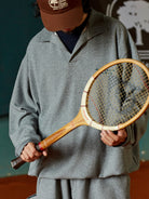 USAGE Oversized Textured Long Sleeve Polo in Gray - On Male Model