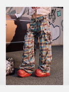 BeerBro Graffiti Plaid Strap Cargo Pants in Sky Blue - On Female Model