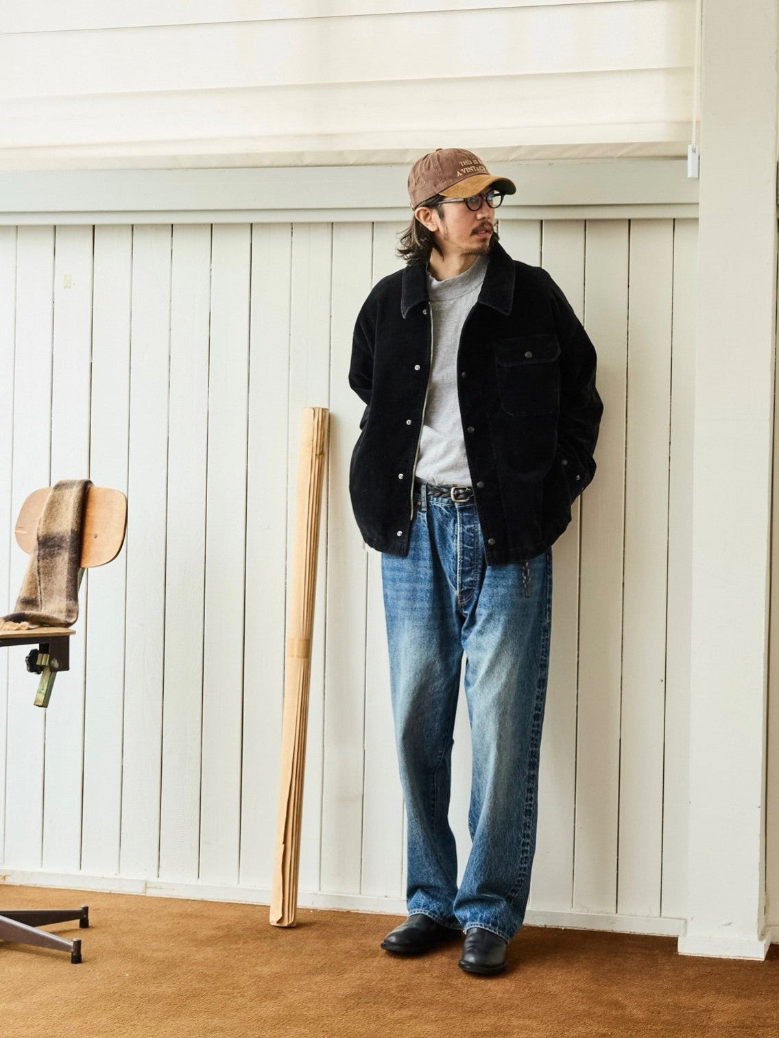 USAGE Wide Wale Corduroy Deck Jacket in Black - On Male Model