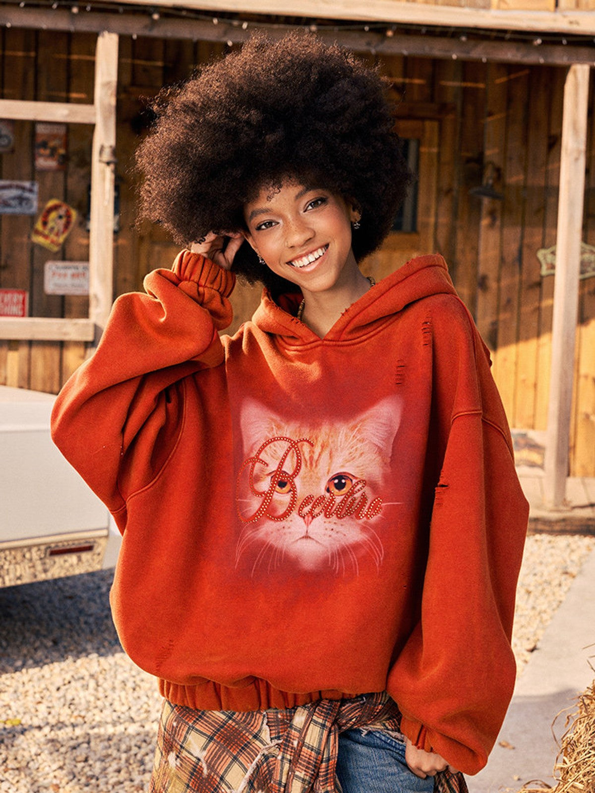 BEERBRO Distressed Cat Graphic Hoodie in Orange - On Female Model