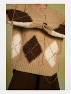 BeerBro Distressed Fuzzy Argyle Sweater in Beige - On Model