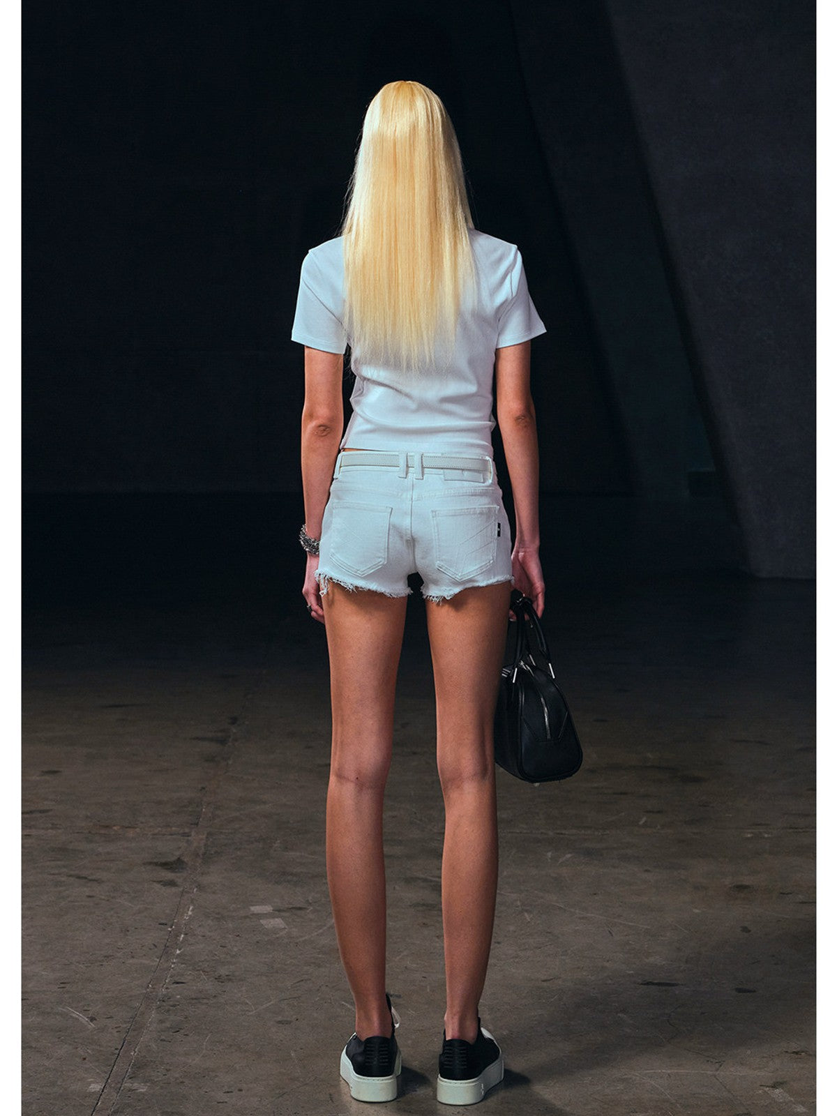 SMFK Silk Blend Short Sleeve Crop Top in White - On Female Model