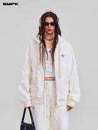 SMFK Embroidered Cotton Zip Up Hoodie in White - On Female Model