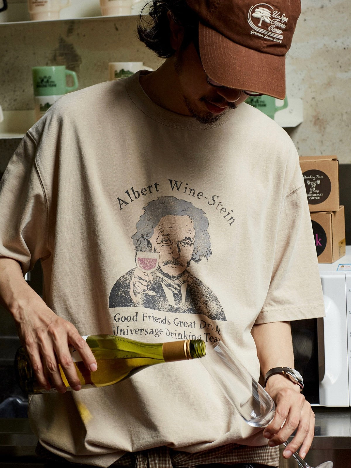 USAGE Vintage Wash Einstein Graphic T Shirt in Beige - On Male Model