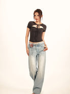 BEERBRO Lace Trim Cutout Baby Tee in Gray - On Female Model