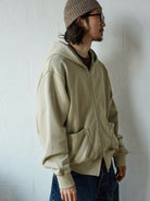 USAGE Hand Distressed Washed Zip Hoodie in Beige - On Male Model