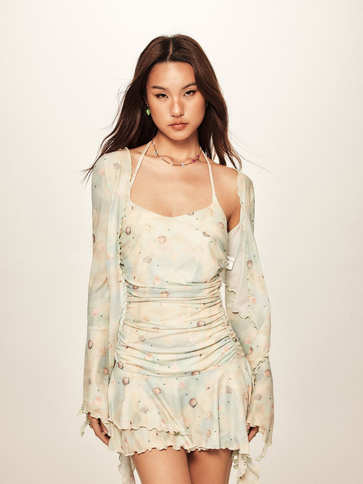 BEERBRO Beaded Shell Print Mesh Dress in Mint - On Female Model