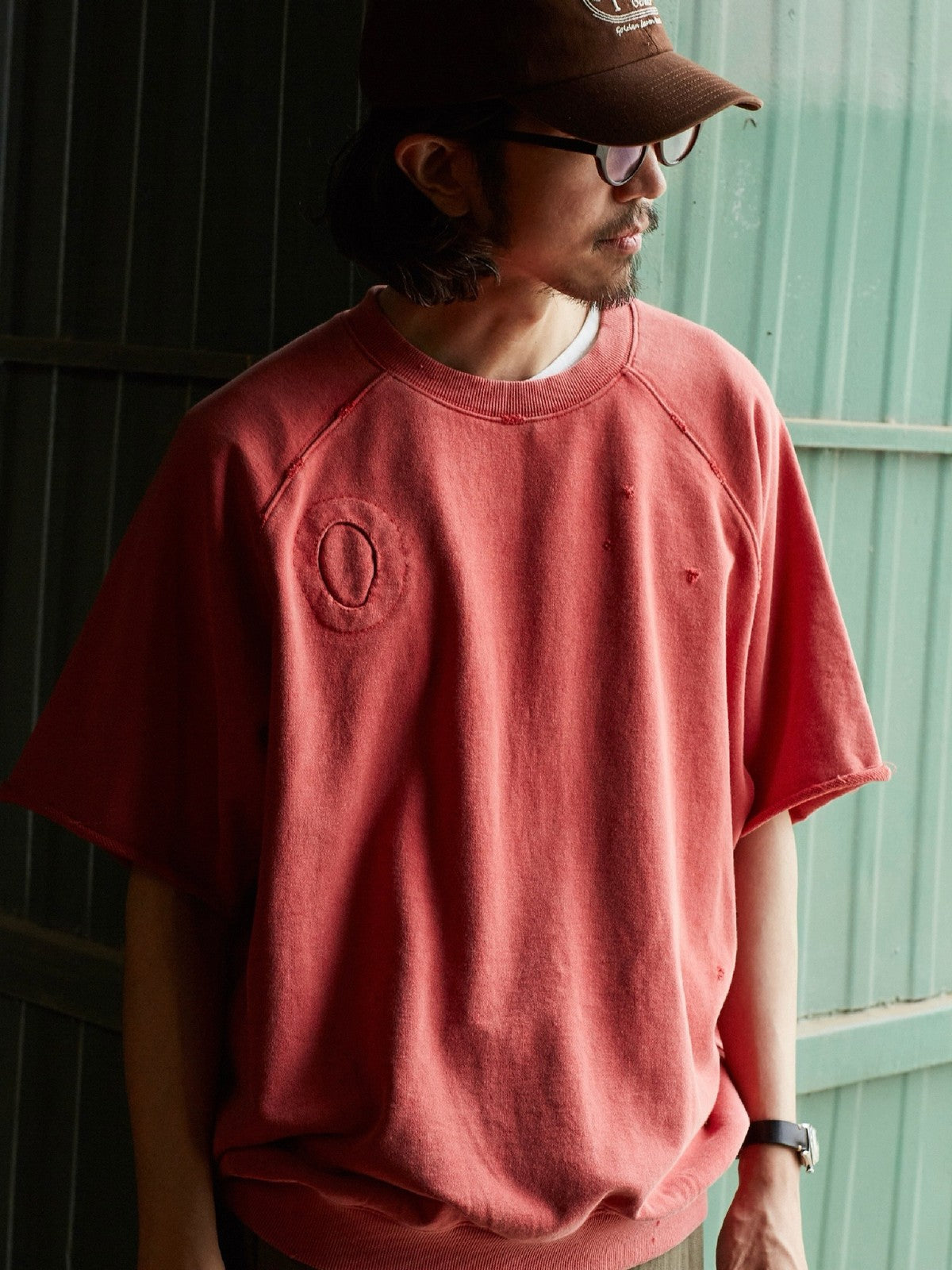 USAGE Vintage Wash Distressed Short Sleeve Sweatshirt in Red - On Male Model