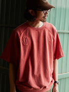 USAGE Vintage Wash Distressed Short Sleeve Sweatshirt in Red - On Male Model