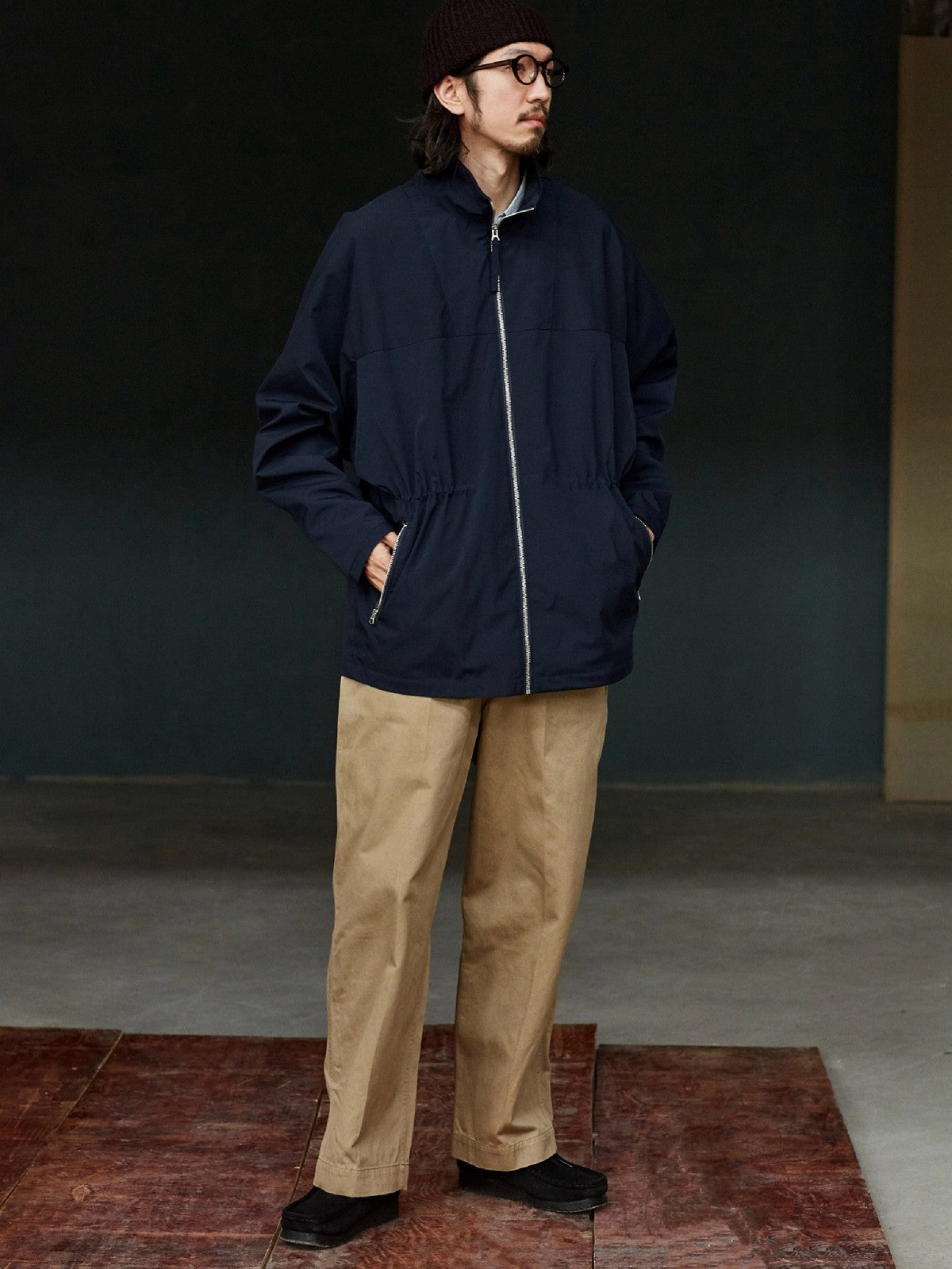 USAGE Drawstring Zip Front Tech Anorak in Navy Blue - On Male Model