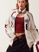 BEERBRO Varsity Patch Zip Up Cardigan in Off-White - On Female Model
