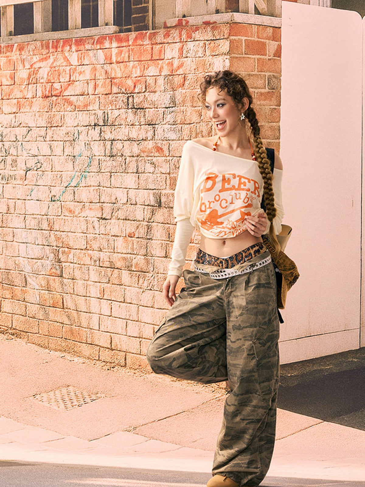 BEERBRO Camo Wide Leg Cargo Pants in Olive - On Female Model