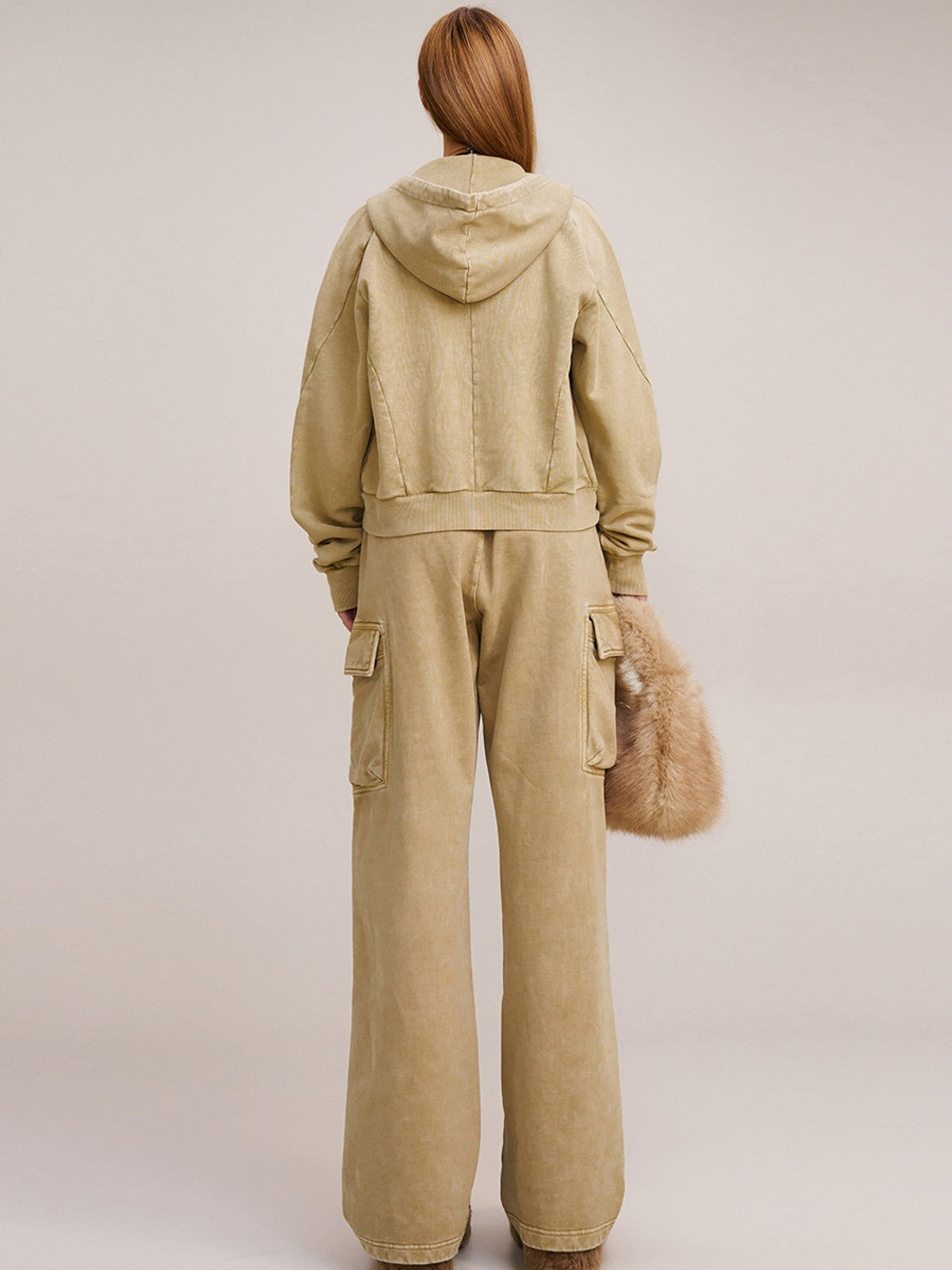 SMFK Garment Dyed Cotton Zip Up Hoodie in Beige - On Model