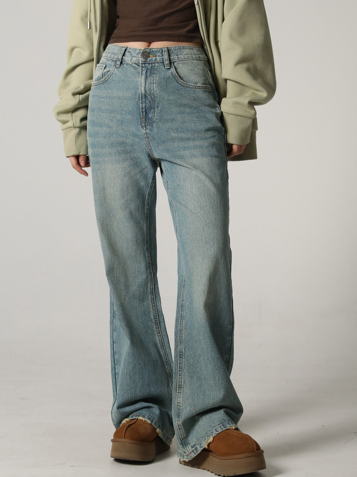 MASONPRINCE High Waisted Distressed Flared Jeans in Denim - On Female Model