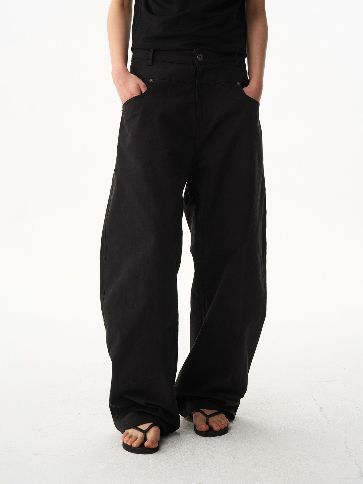 BLINDNOPLAN Leather Spliced Straight Leg Pants in Black - On Model