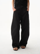 BLINDNOPLAN Leather Spliced Straight Leg Pants in Black - On Model