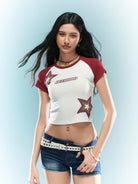 BEERBRO Leopard Star Raglan Crop Top in Red - On Female Model