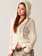 BEERBRO Devil Horn Open Knit Cardigan in White - On Female Model