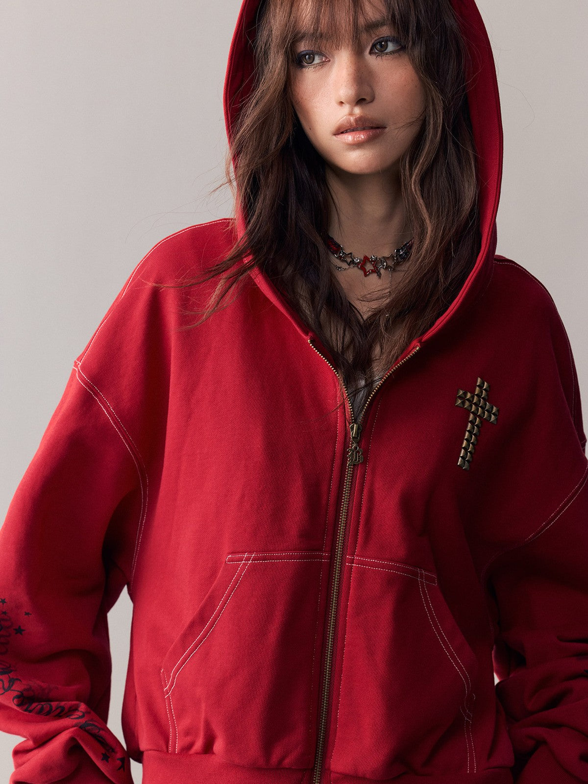 BEERBRO Studded Cross Zip Up Hoodie in Red - On Female Model