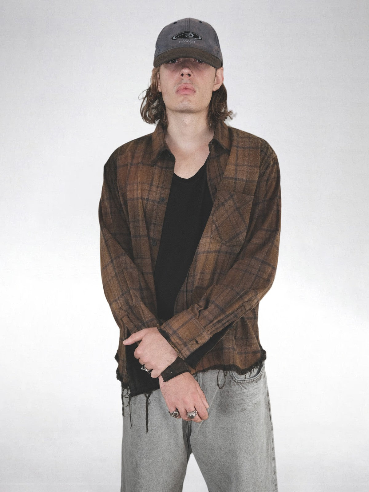 UNKNOWNWORLD Distressed Raw Hem Plaid Shirt in Brown - On Male Model