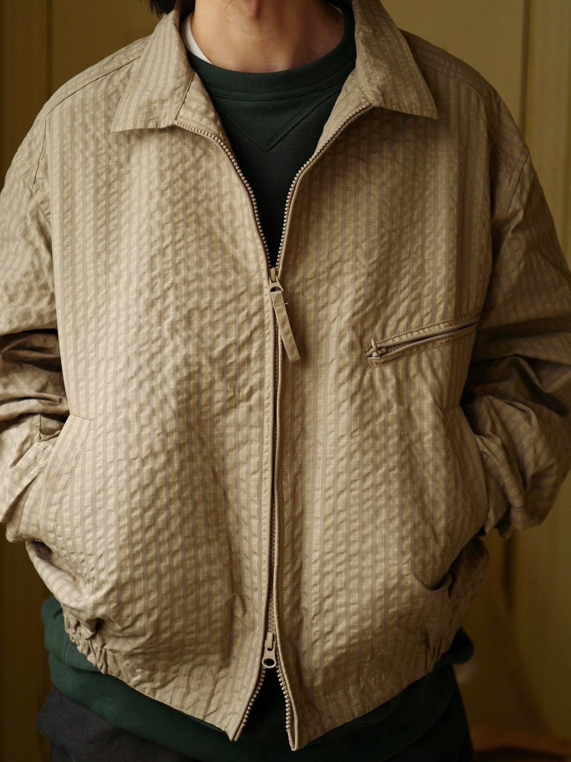 USAGE Jacquard Check Harrington Jacket in Beige - On Male Model