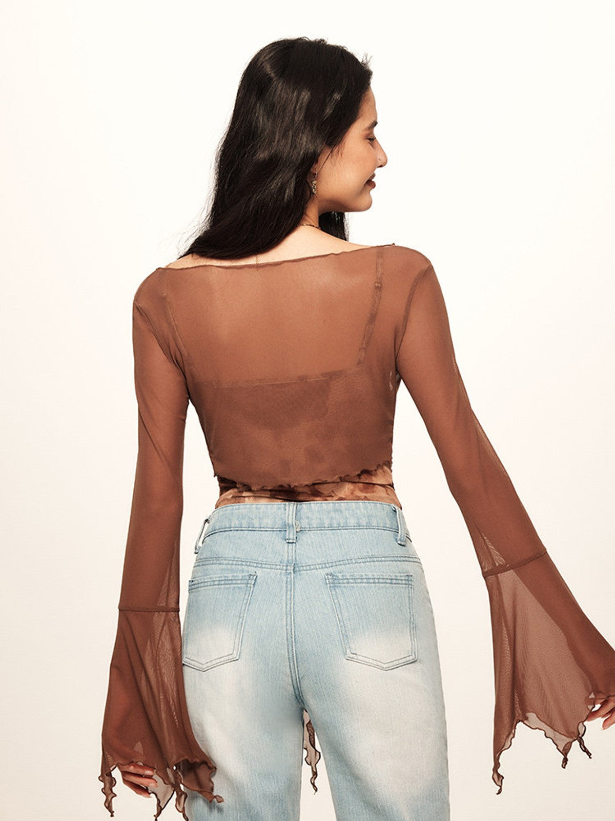 BEERBRO Sheer Mesh Tie Front Top in Brown - On Female Model
