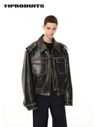 UNKNOWNWORLD Distressed Padded Eco Leather Jacket in Black - On Model