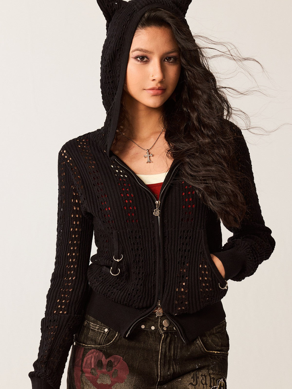 BEERBRO Devil Horn Open Knit Cardigan in Black - On Female Model